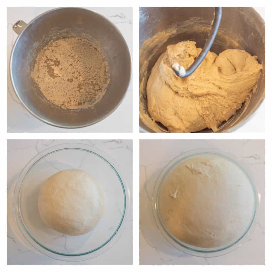 Four photo collage on how to make sandwich bread. The first photo is a mixing bowl with the yeast being proofed. The second photo is of the bread dough mixed in the bowl with a dough hook. The third photo is of the bread dough in a glass bowl before rising. The last photo is of the dough after rising.