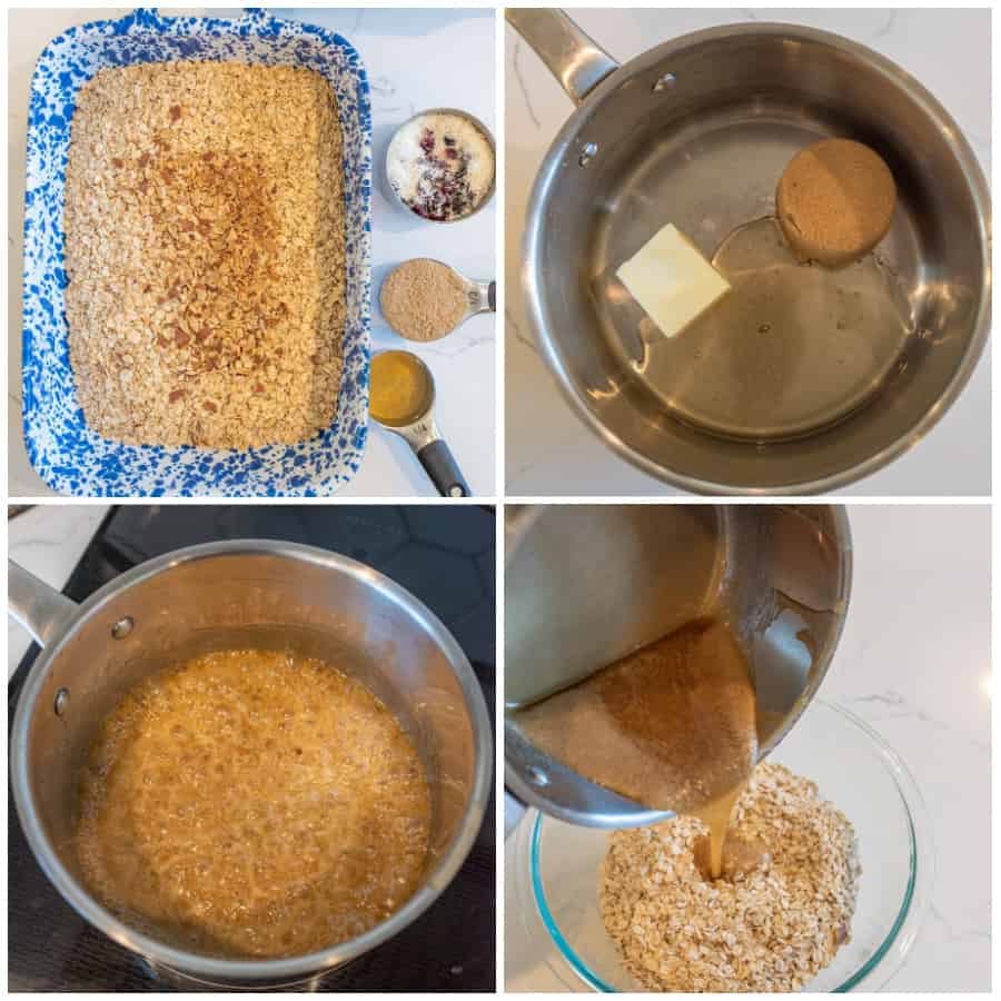 Four photo collage on how to make granola bars. The first photo is of the dry ingredients in a pan. The second photo is of honey, butter, and brown sugar in a pot. The third photo is of the ingredients in the pot boiling. The last photo is of the boiling mixture in the pot being poured into the dry ingredients.