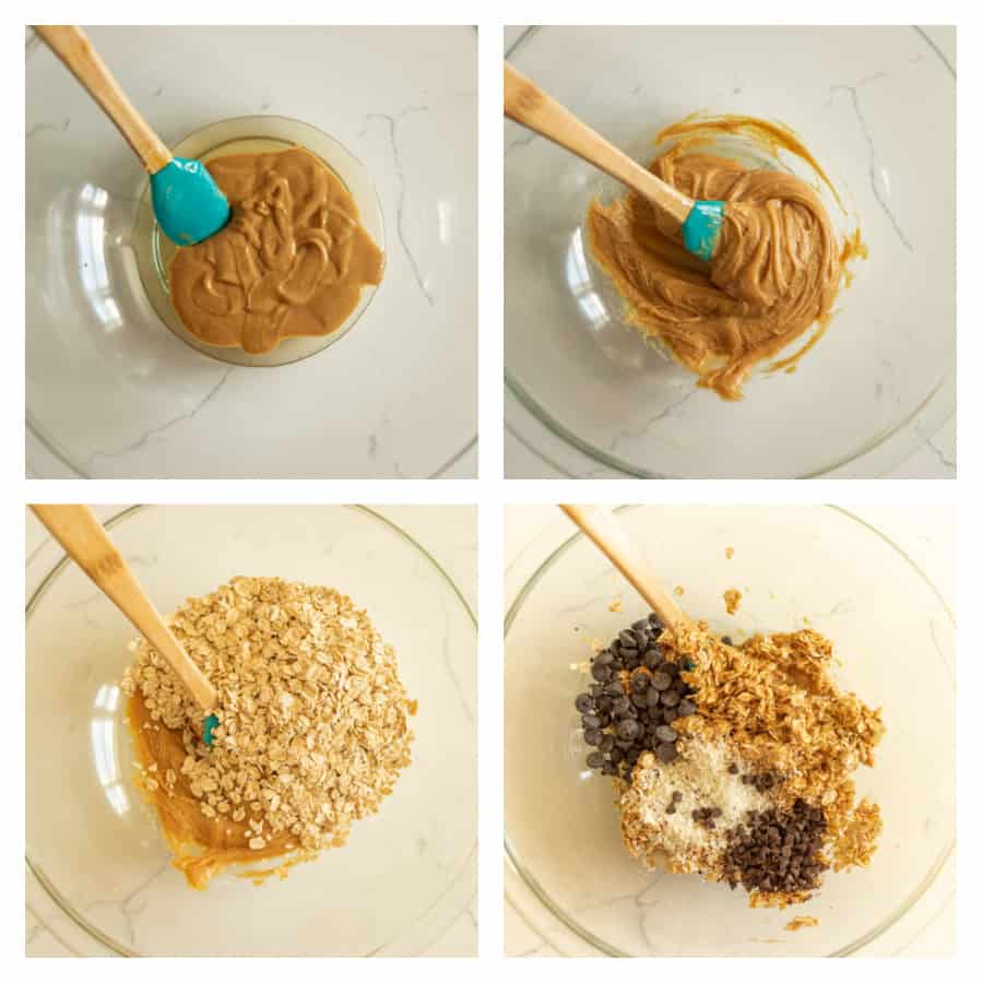 Four photo collage collage on how to make oatmeal balls. The first photo is of peanut butter and honey in a glass bowl. The second photo is of the peanut butter and honey mixed together with a rubber spatula in the glass bowl. The third photo is of oats added to the glass bowl. The last photo is of the rest of the ingredients added to the glass bowl.
