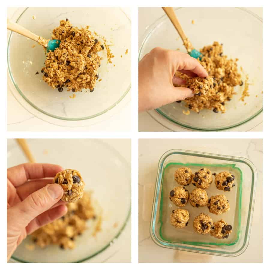 Four photo collage on how to make oatmeal peanut butter honey balls. The first photo is of the ingredients mixed in a glass bowl. The second photo is of a hand grabbing some of the mixture from the bowl. The third photo is of a hand holding an oatmeal peanut butter honey ball. The fourth photo is of a glass container filled with the oatmeal balls.