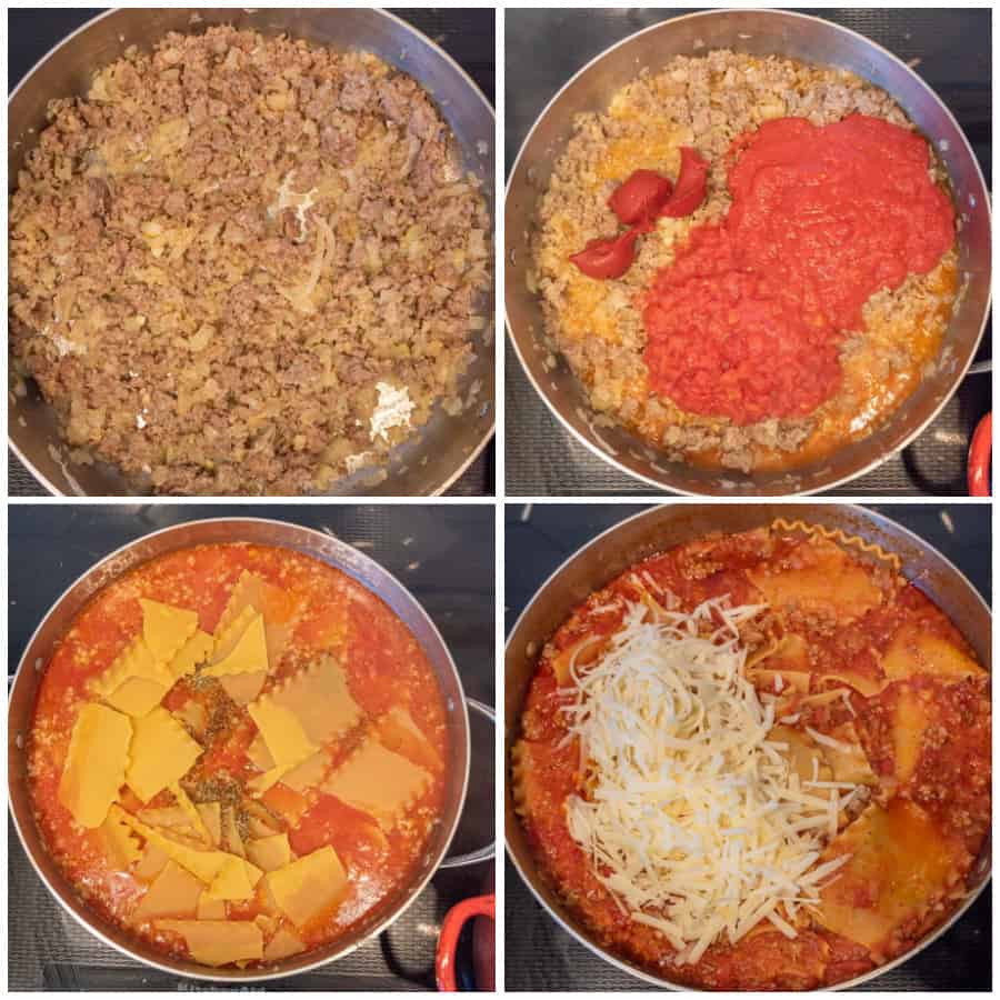 Four photo collage on how to make skillet lasagna. The first photo is of beef browned in a skillet. The second photo is of the tomato products added to the skillet. The third photo is of the lasagna noodles added to the skillet. The last photo is of cheese added to the skillet.