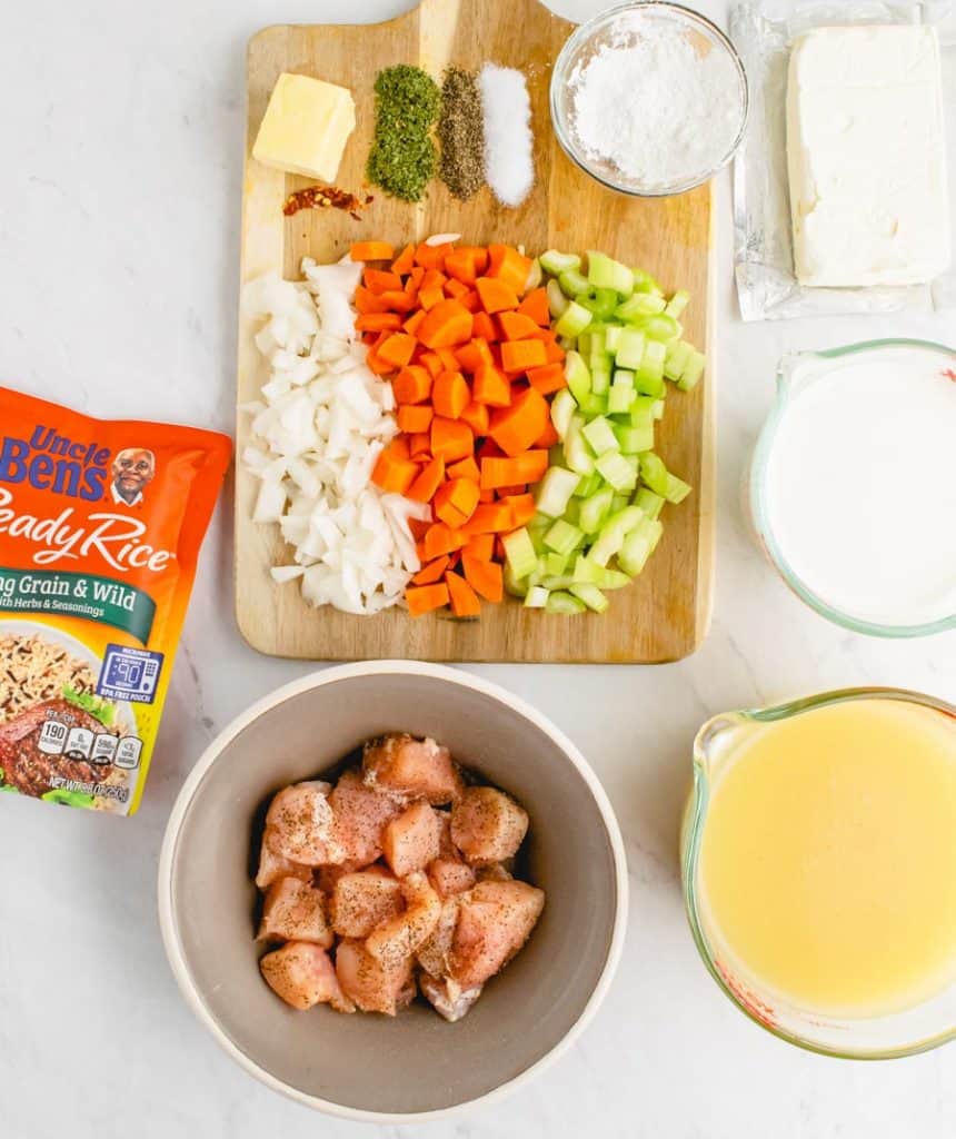 uncle bens rice and raw ingredients for the chicken and rice soup.