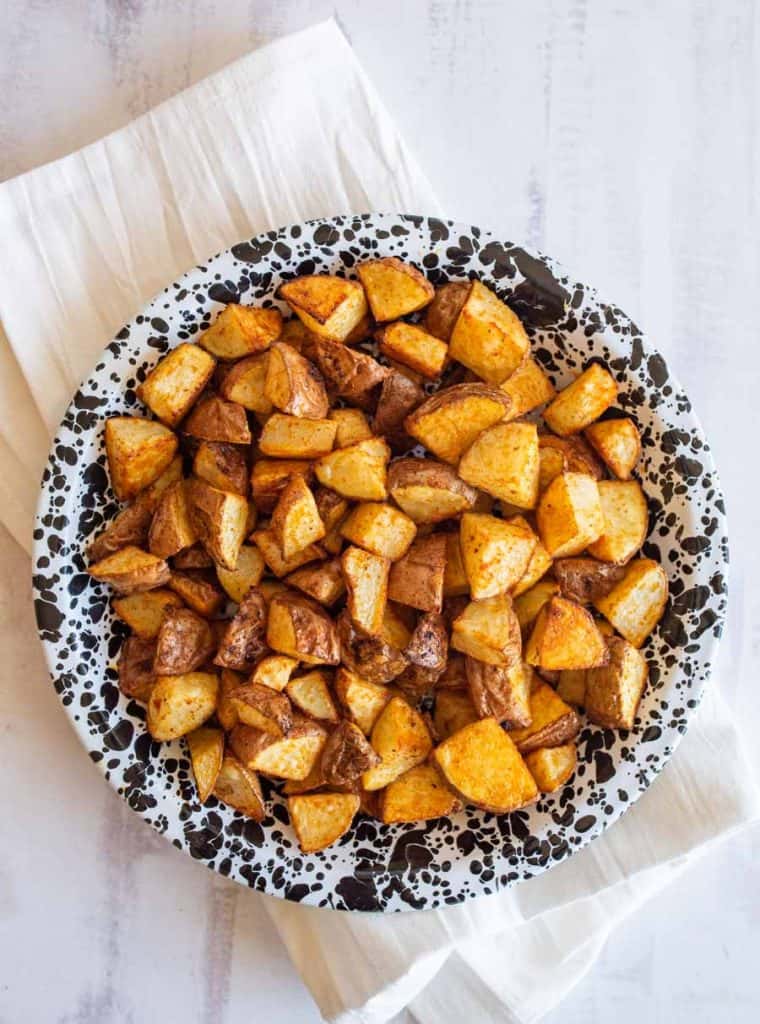 top view of bowl of roasted red potatoes