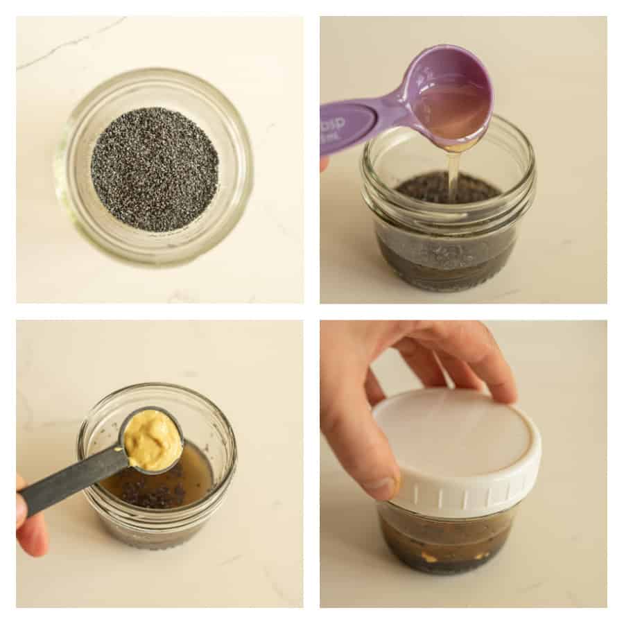 Four photo collage of salad dressing recipes. The first photo is of a jar of poppy seeds. The second photo is of honey being poured into the jar of poppy seeds. The third photo is of Dijon mustard measured out above the jar of poppy seed and honey mixture. The last photo is of a hand on a white lid screwed onto the jar of salad dressing.