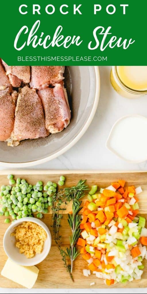 text reads "crock pot chicken stew" and all of the raw ingredients to make the stew