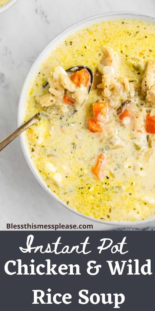 text reads "instant pot chicken and wild rice soup" with a top view of the creamy soup.