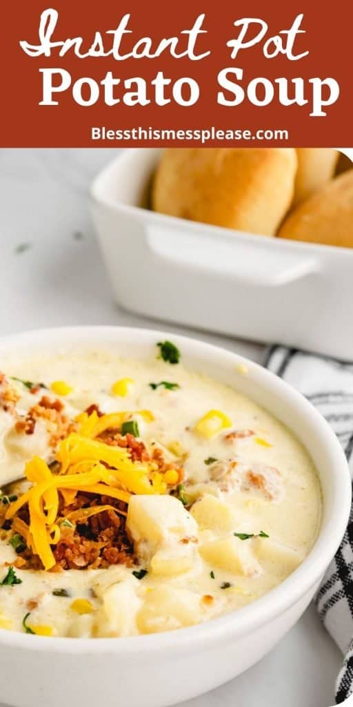 text reads "instant pot potato soup" with a top view of the creamy soup