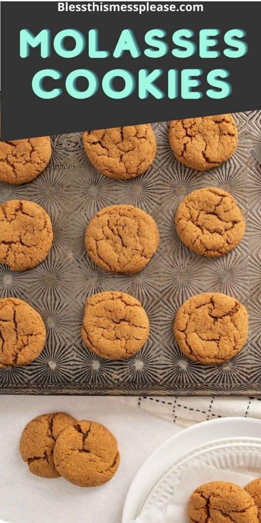 text reads "soft and chew molasses cookies" with cracked and perfectly baked cookies on a baking sheet