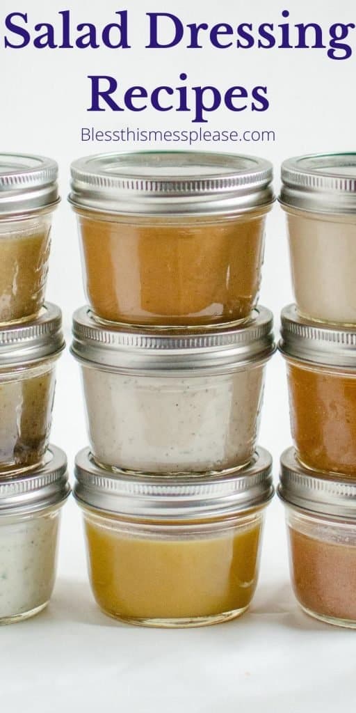 text reads "salad dressing recipes" with stacked mason jars of various dressings