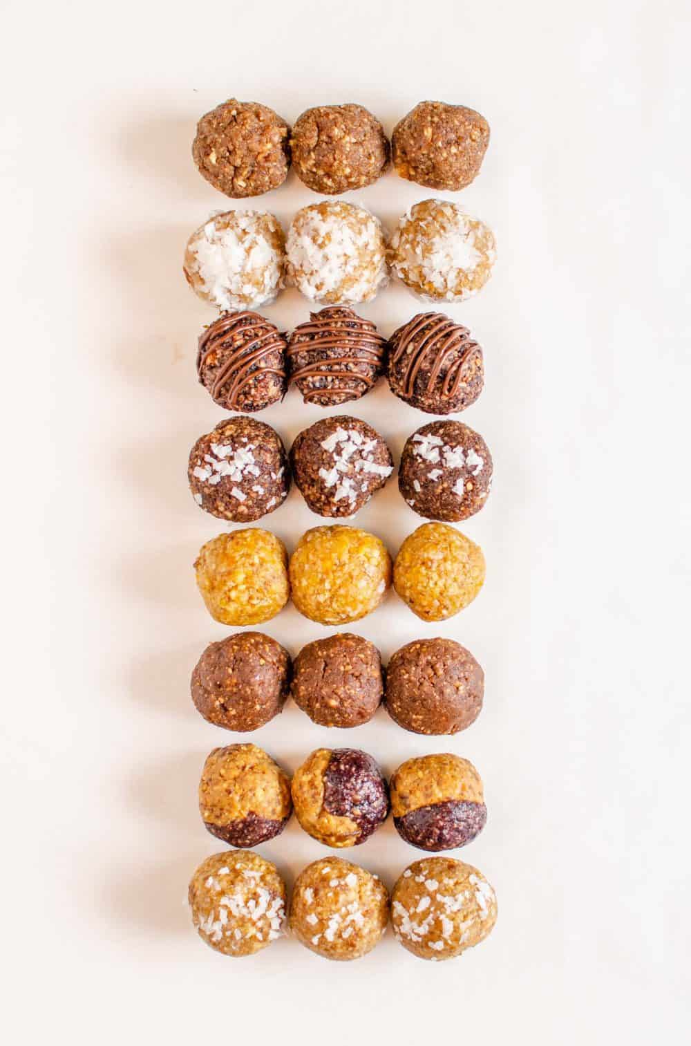Rows of different types of date energy bites