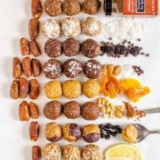 Photo of the ingredients for date energy bites surrounding the energy balls