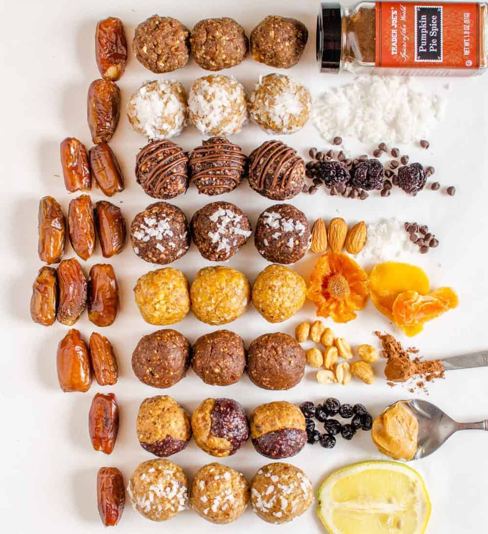 Photo of the ingredients for date energy bites surrounding the energy balls.