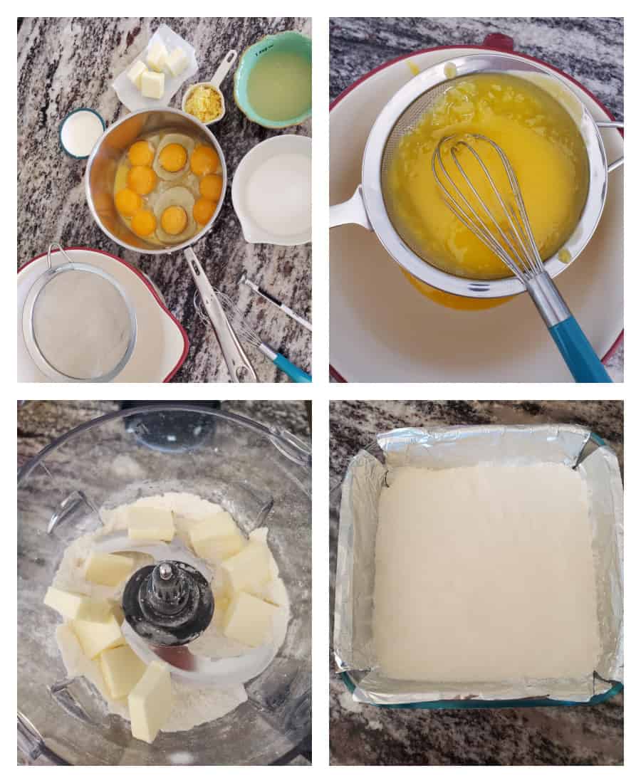 A collage of the lemon bars being made including the eggs being whisked together, the lemon filling being strained, the dry ingredients and butter in a food processor, and the crust dough pressed into a lined square glass pan.