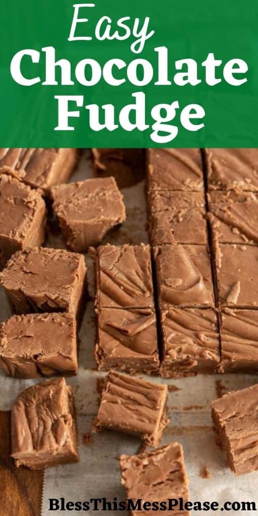 picture of squares of chocolate fudge with the words "easy chocolate fudge" written at the top