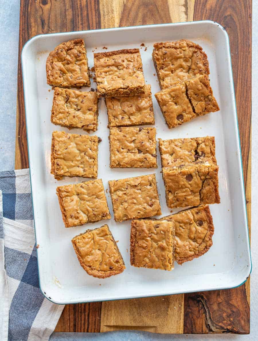 top view of blondies cut into squares on a tray