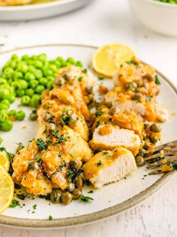 up close picture of a plate of chicken picatta