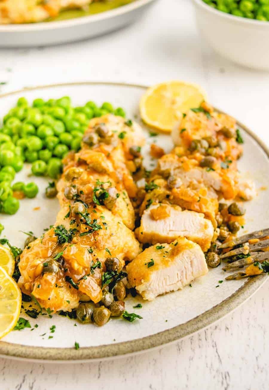 up close picture of a plate of chicken picatta