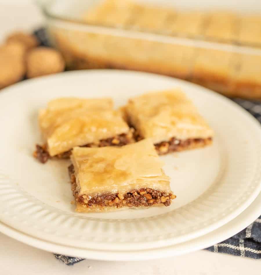 close up of a plate of baklava