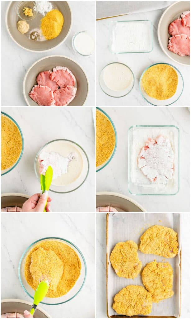 six picture collage on how to make pork chops. the top left picture is of the pork chops next to a bowl of seasonings, the top right picture is of pork chops next to the breading ingredients, the middle left picture is of the porkchops being dipped in a buttermilk mixture, middle right picture is of a pork chop coated in cornstarch, bottom left picture is of a pork chop breaded, and the bottom right picture is of porkchops breaded and on a baking tray