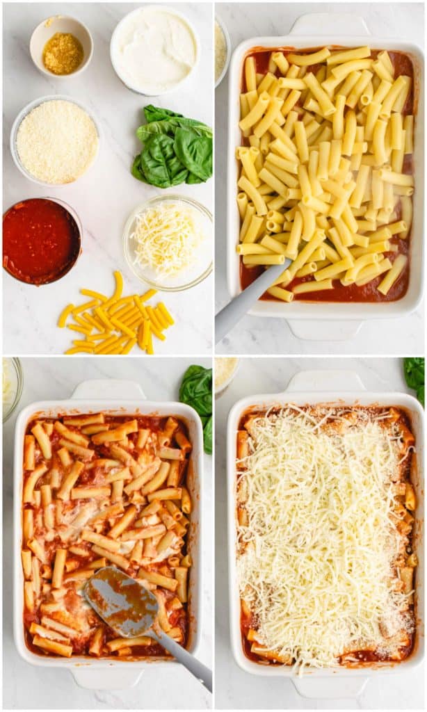 four photo collage of baked ziti. The top left photo is of the ingredients in separate bowls, the top right picture is of pasta not stirred into the sauce, the bottom left picture is of the pasta stirred into the sauce in a baking dish, and the bottom right picture is of the ziti topped with cheese