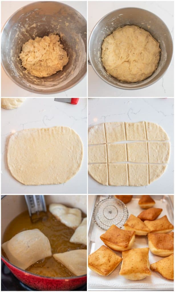 six picture collage of the steps to make beignets. top left is the dough before rising, top right is of the dough after rising, the middle left picture is of the dough rolled out, middle right picture is of the dough cut into square. The bottom left picture is of the beignet dough being fried and the bottom right picture is of the beignets already fried