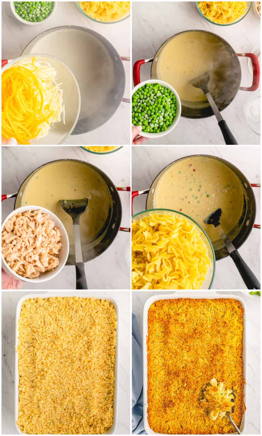 six photo collage of how to make tuna noodle casserole. The top left picture is of cheese being poured into a pot, the top right picture is of peas above a pot, the middle left picture is of tuna above a pot, the middle right picture is of noodles above a pot, the bottom left picture is of the tuna noodle casserole before being baked, and the bottom right picture is of the tuna noodle casserole after being baked