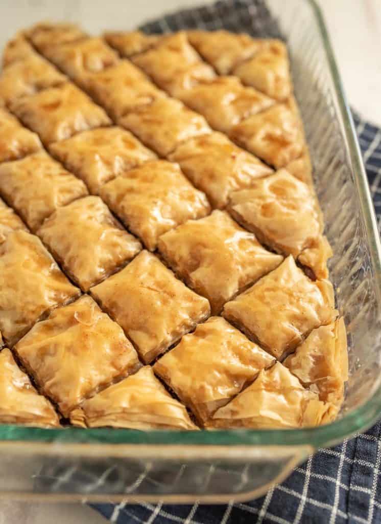 close up of baklava in a baking dish