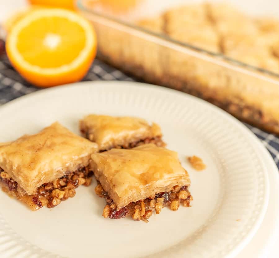 close up of a plate with slices of baklava on it