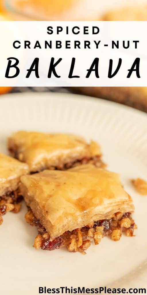 close up picture of a square of baklava on a plate with the words "spiced cranberry-nut baklava" written at the top