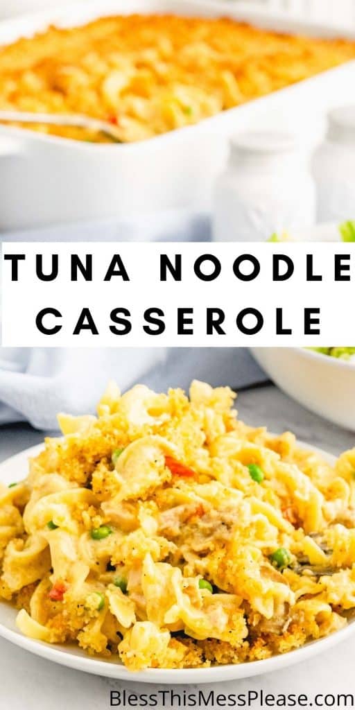 picture of a plate of tuna noodle casserole with the casserole dish in the background and the words "tuna noodle casserole" written in the middle