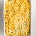 top view of a baking dish with tuna noodle casserole