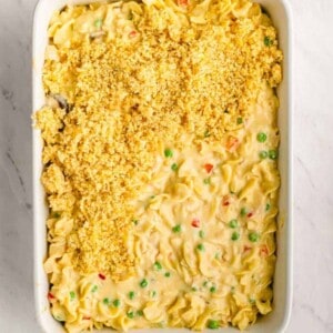 top view of a baking dish with tuna noodle casserole