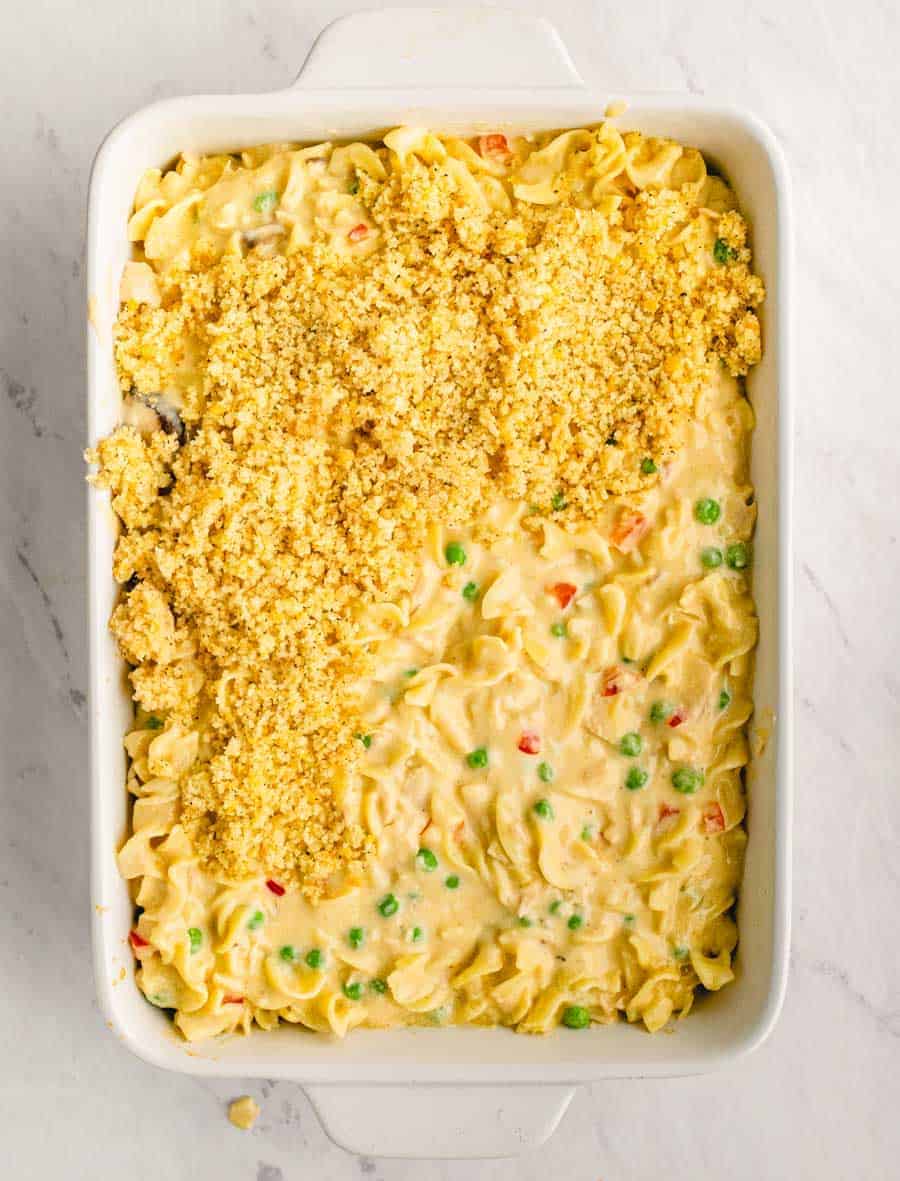 top view of a baking dish with tuna noodle casserole