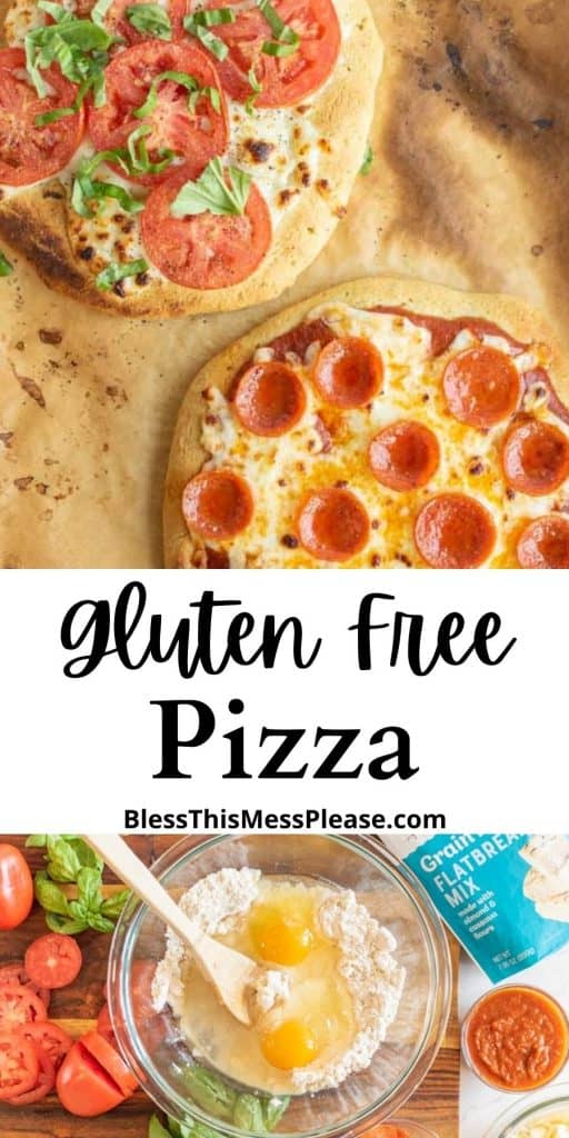 pintrest pin the title says "gluten free pizza" - photos of rustic crust and a raw dough