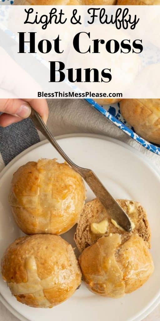 pintrest pins text reads "hot cross buns" with buns and butter