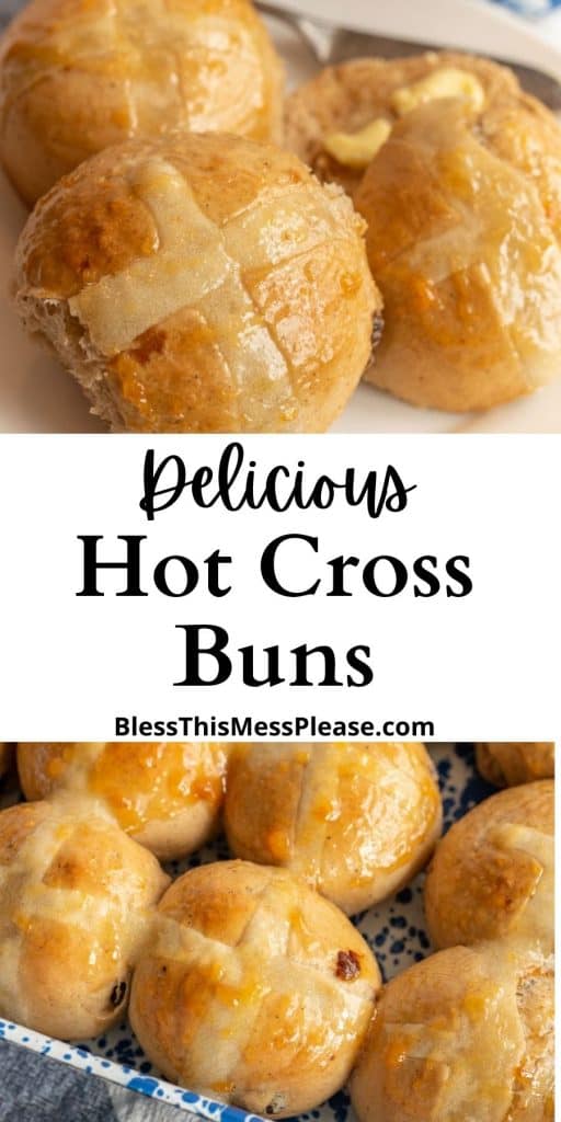pintrest pins text reads "hot cross buns"