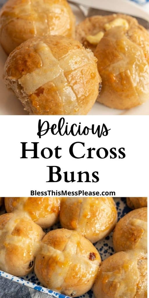 pintrest pins text reads "hot cross buns"