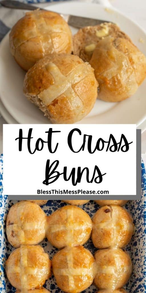 pintrest pins text reads "hot cross buns"