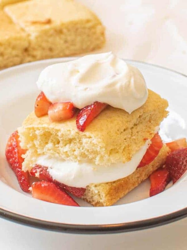 strawberries on a dense shortbread crust and whipped cream