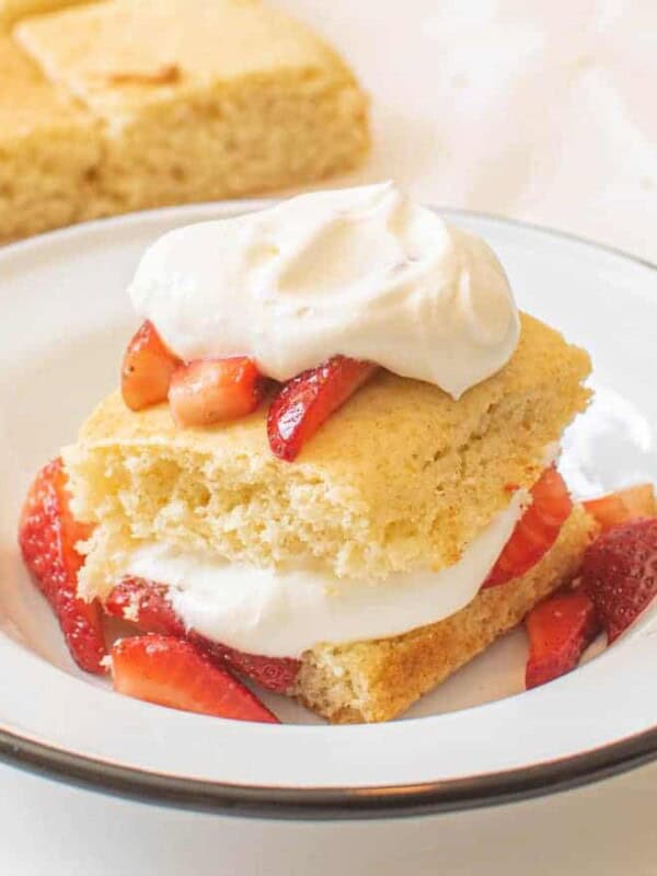 strawberries on a dense shortbread crust and whipped cream