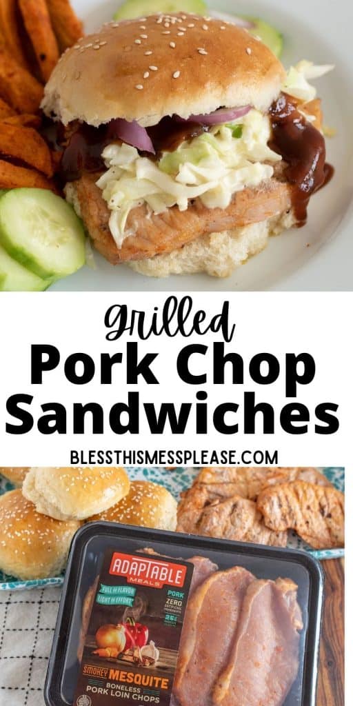 top picture is of a grilled pork chop sandwich, the bottom picture is of the ingredients for pork chop sandwiches, with the words "grilled pork chop sandwiches" written in the middle