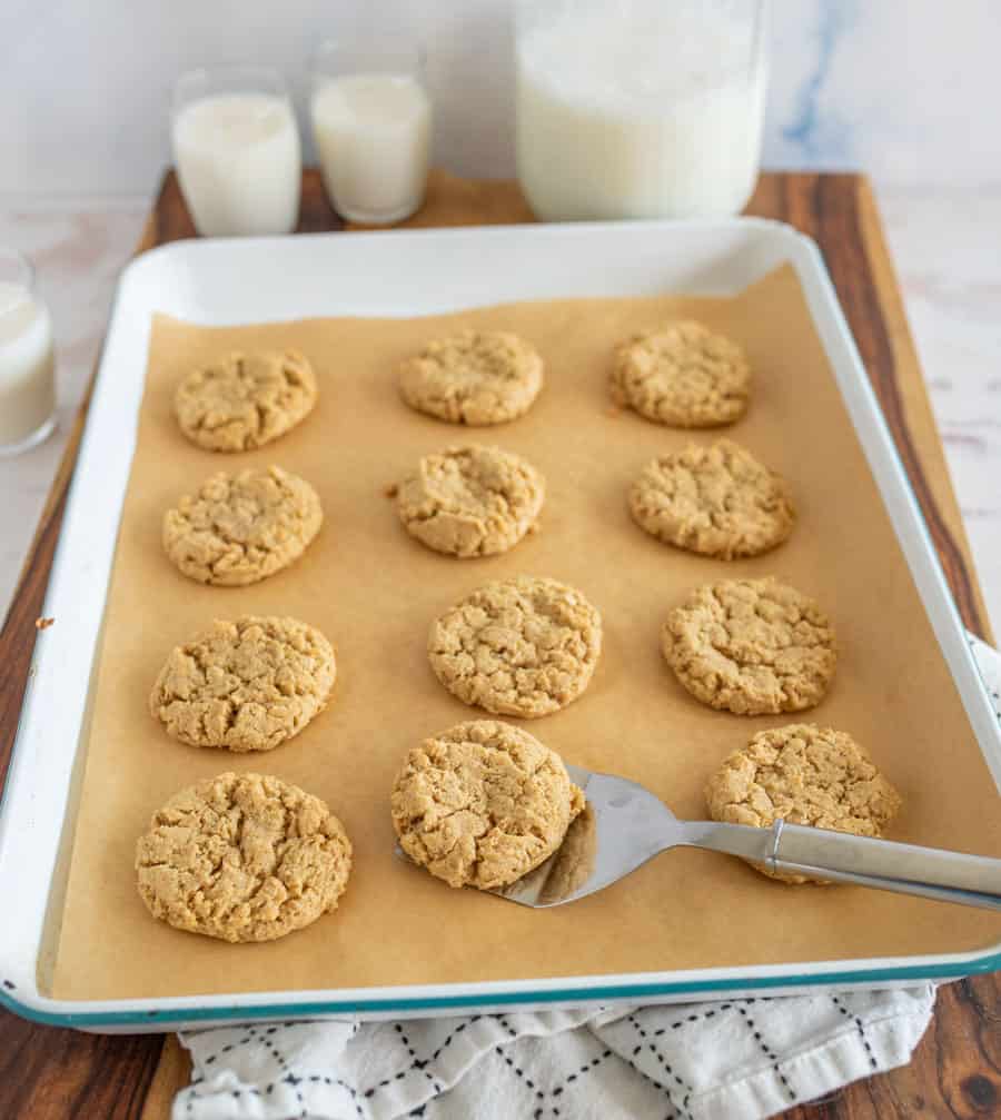 picture of a baking sheet of oatmeal peanut butter cookies