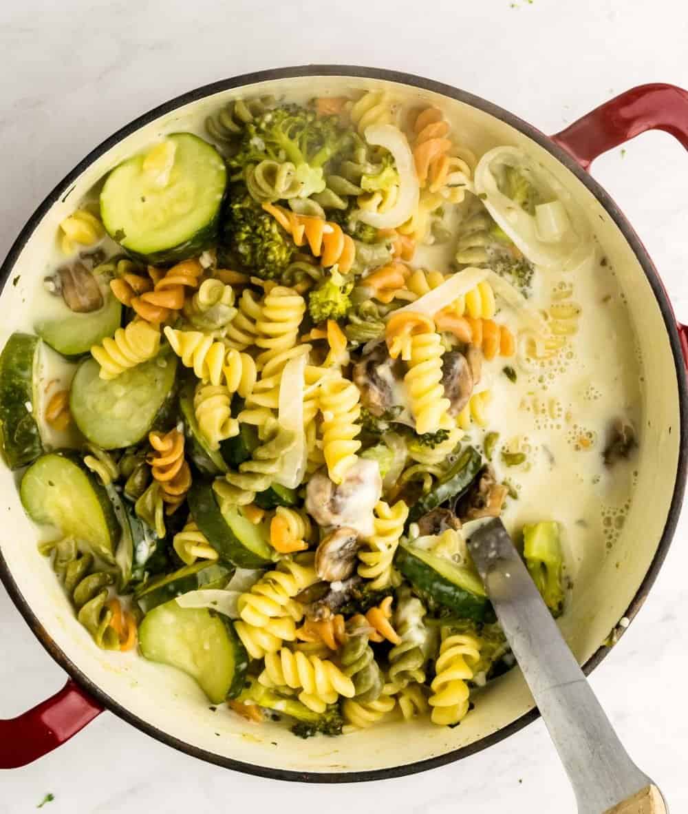 top view of a pot of pasta primavera