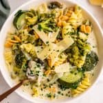 top view of a bowl of pasta primavera