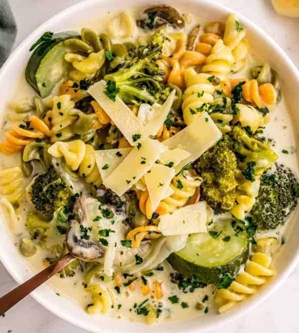 top view of a bowl of pasta primavera