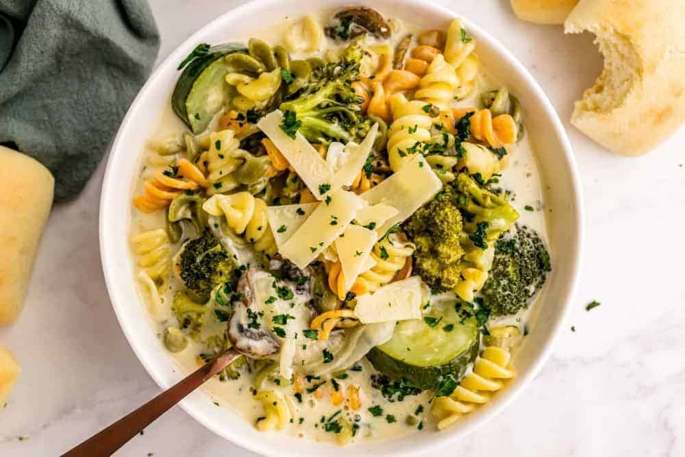 top view of a bowl of pasta primavera