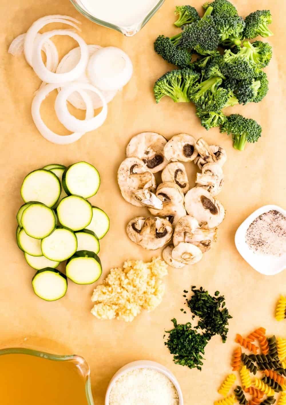 top view of ingredients for pasta primavera