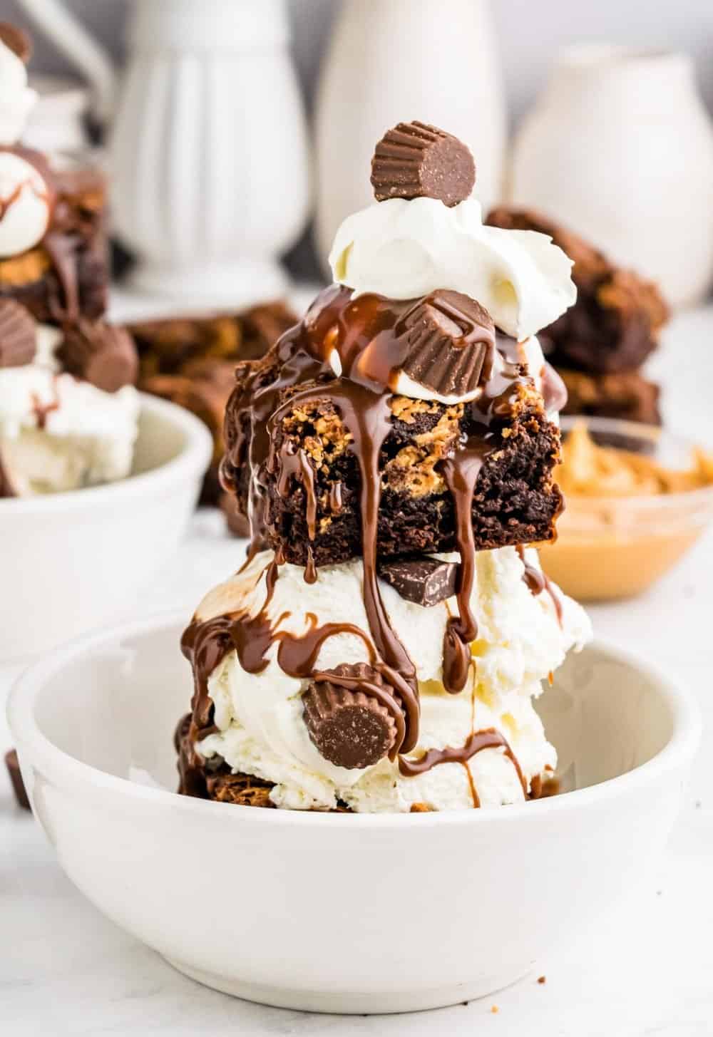 peanut butter brownie sundae in a bowl