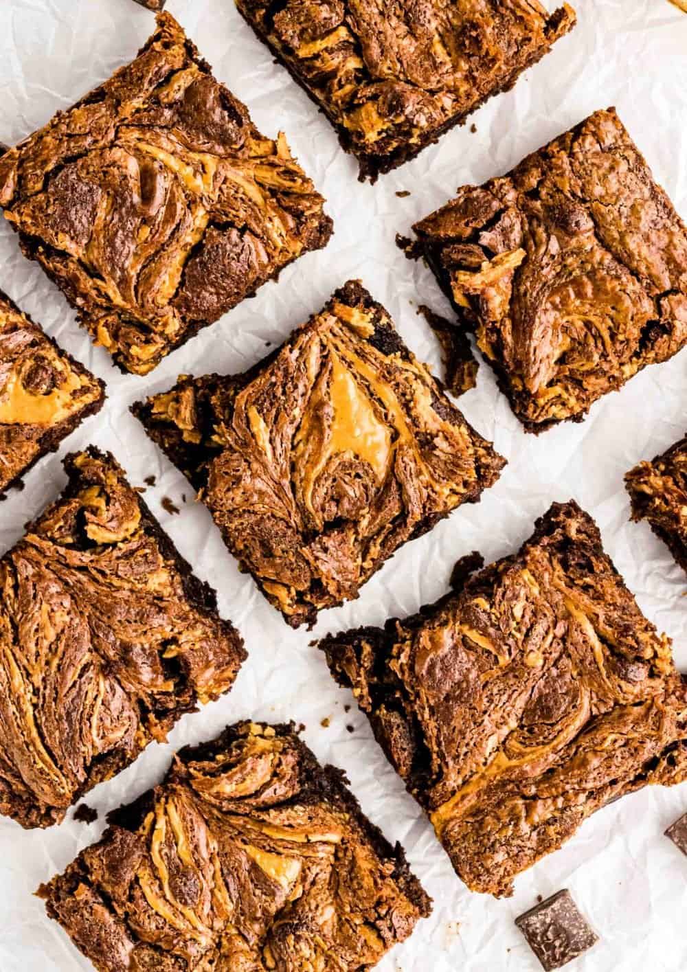 top view close up of peanut butter brownie squares