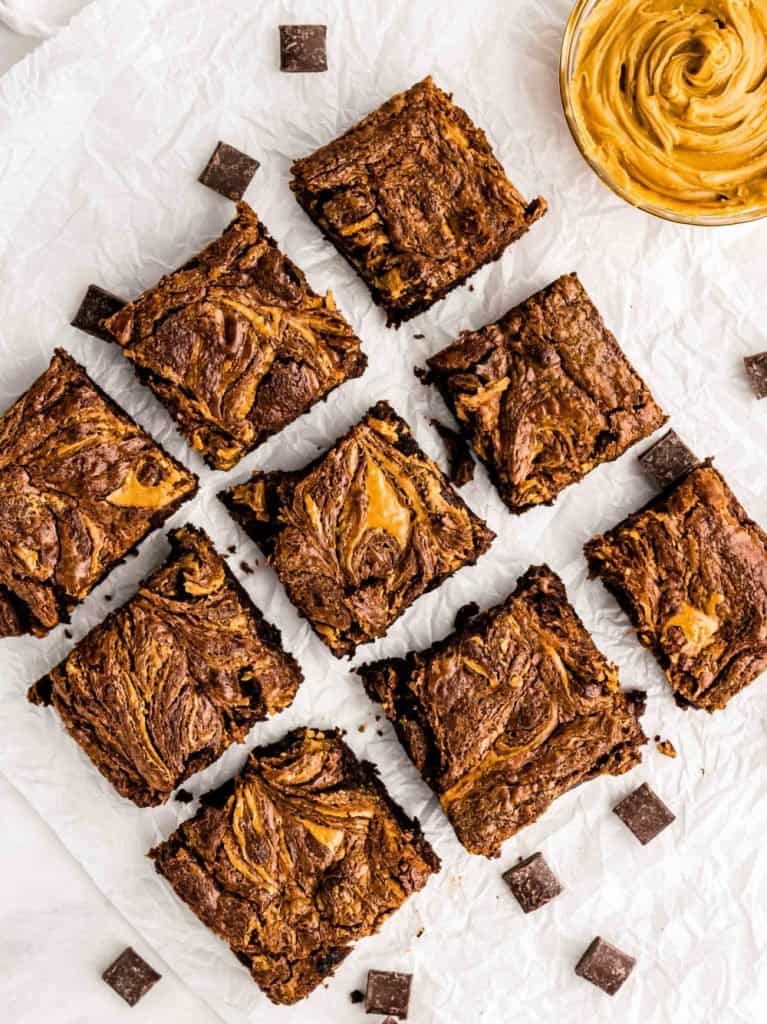 top view of squares of peanut butter brownies